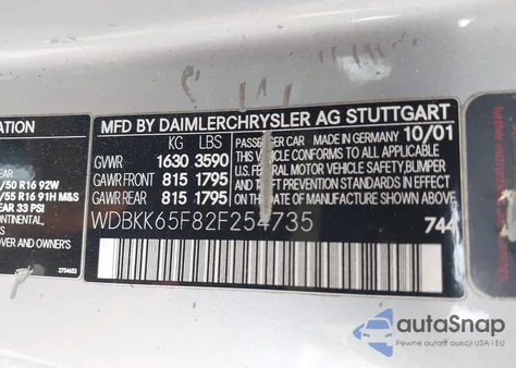 2002 Mercedes-Benz Slk 320 из США, поврежденный, VIN WDBKK65F82F254735